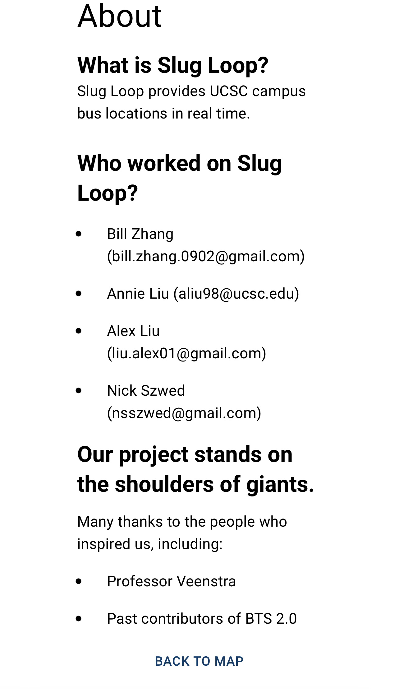The original SlugLoop about page listing the four team members